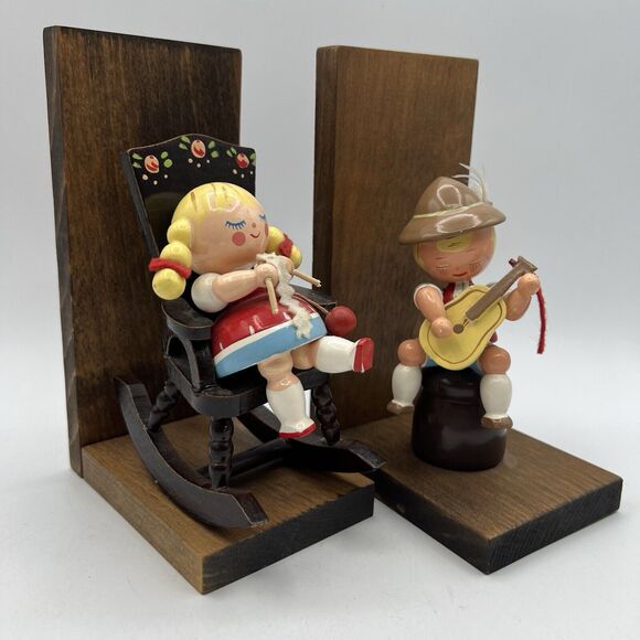 Vtg German Erzgebirge Style Boy Girl Bookends Nursery Rocking Chair Wood - Picture 2 of 7